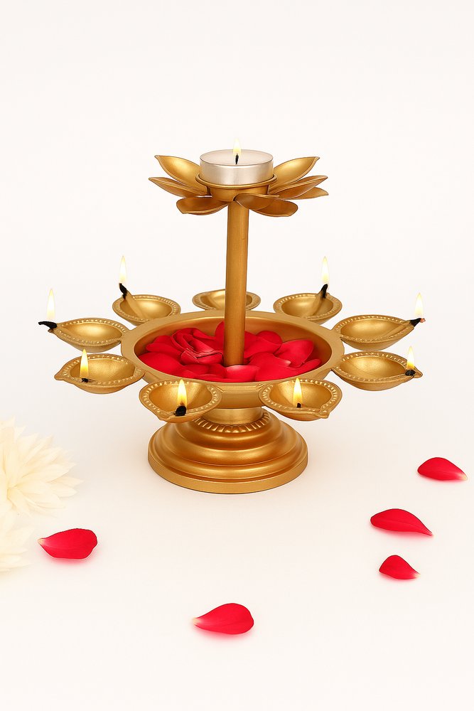 Elegant Golden Brass Multi-Tiered Lotus Diya – Traditional Pooja Deepak