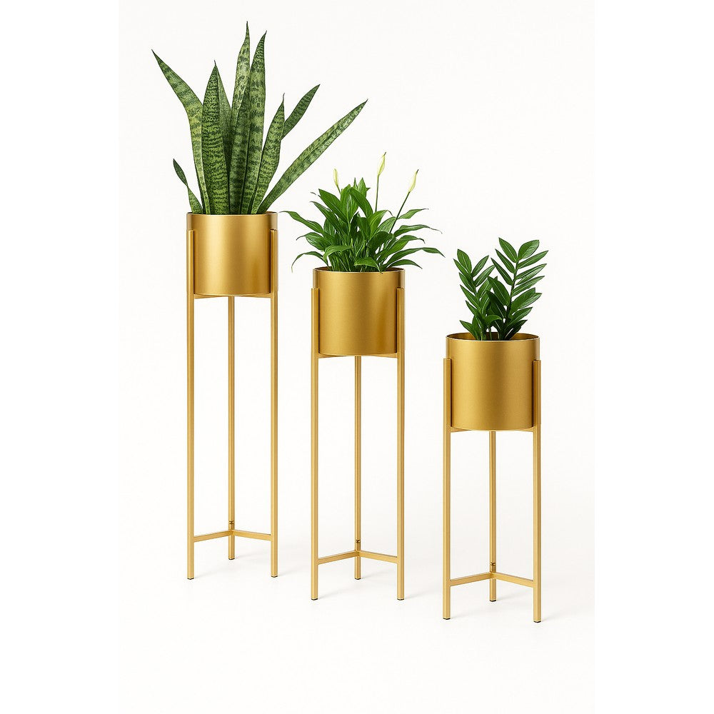 Premium Golden Metal Planter Stand Set of 3 with Pots – Modern Indoor/Outdoor Plant Stands for Home Décor, Living Room, Balcony & Office