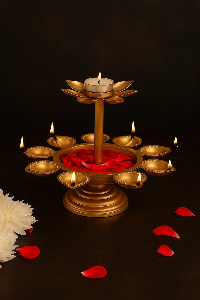 Elegant Golden Brass Multi-Tiered Lotus Diya – Traditional Pooja Deepak