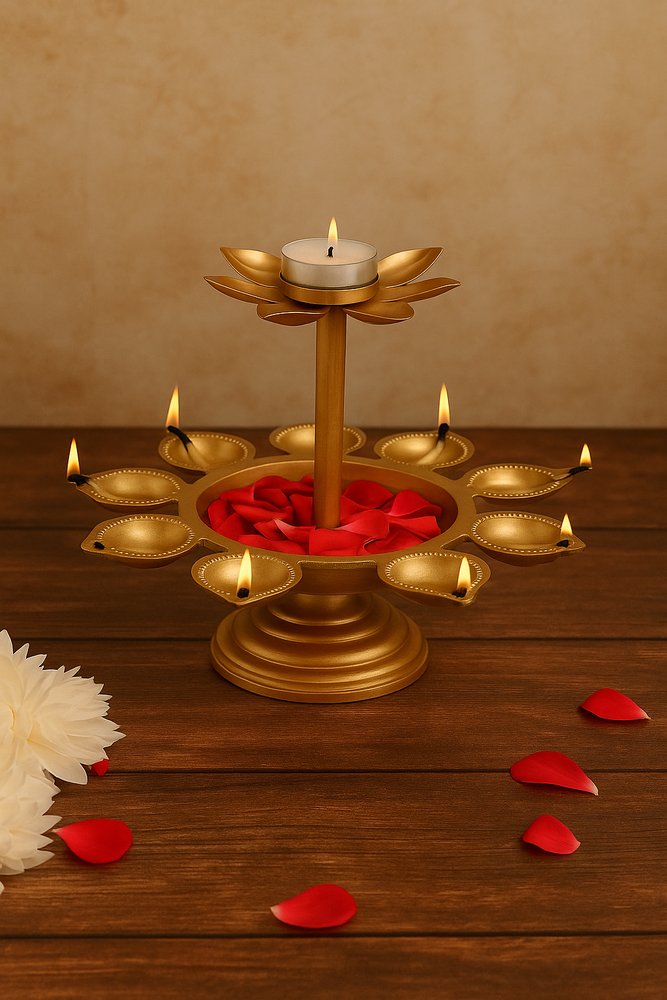 Elegant Golden Brass Multi-Tiered Lotus Diya – Traditional Pooja Deepak
