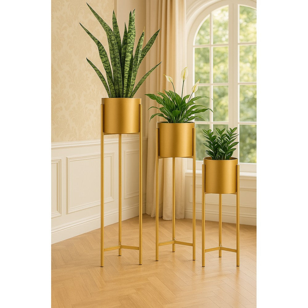 Premium Golden Metal Planter Stand Set of 3 with Pots – Modern Indoor/Outdoor Plant Stands for Home Décor, Living Room, Balcony & Office