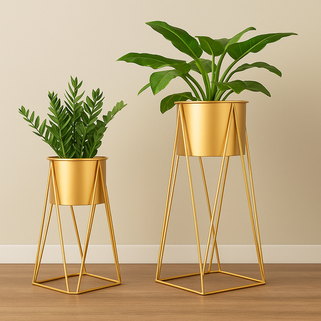 Set of 2 Gold Metal Plant Stands with Premium Indoor Planters
