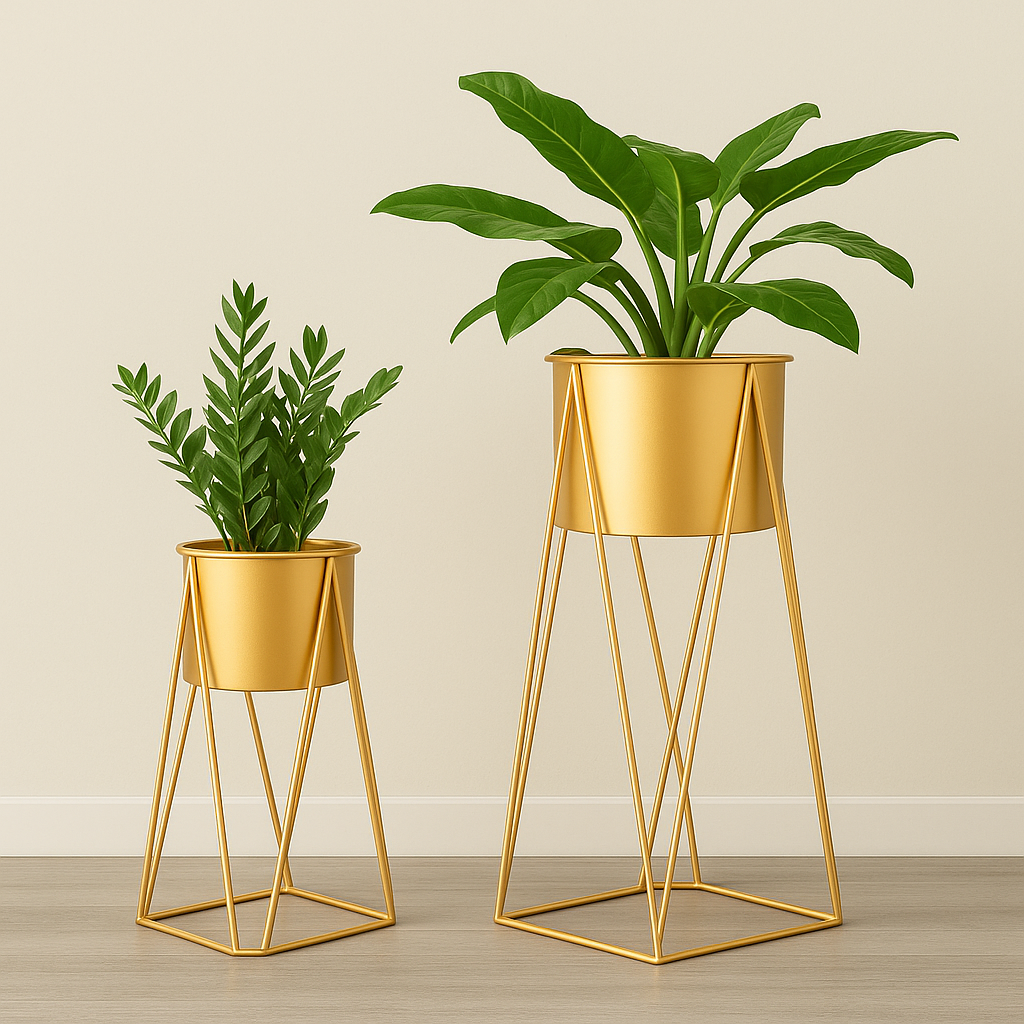 Set of 2 Gold Metal Plant Stands with Premium Indoor Planters