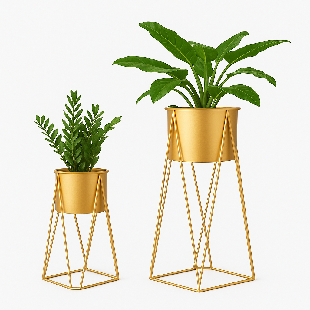 Set of 2 Gold Metal Plant Stands with Premium Indoor Planters