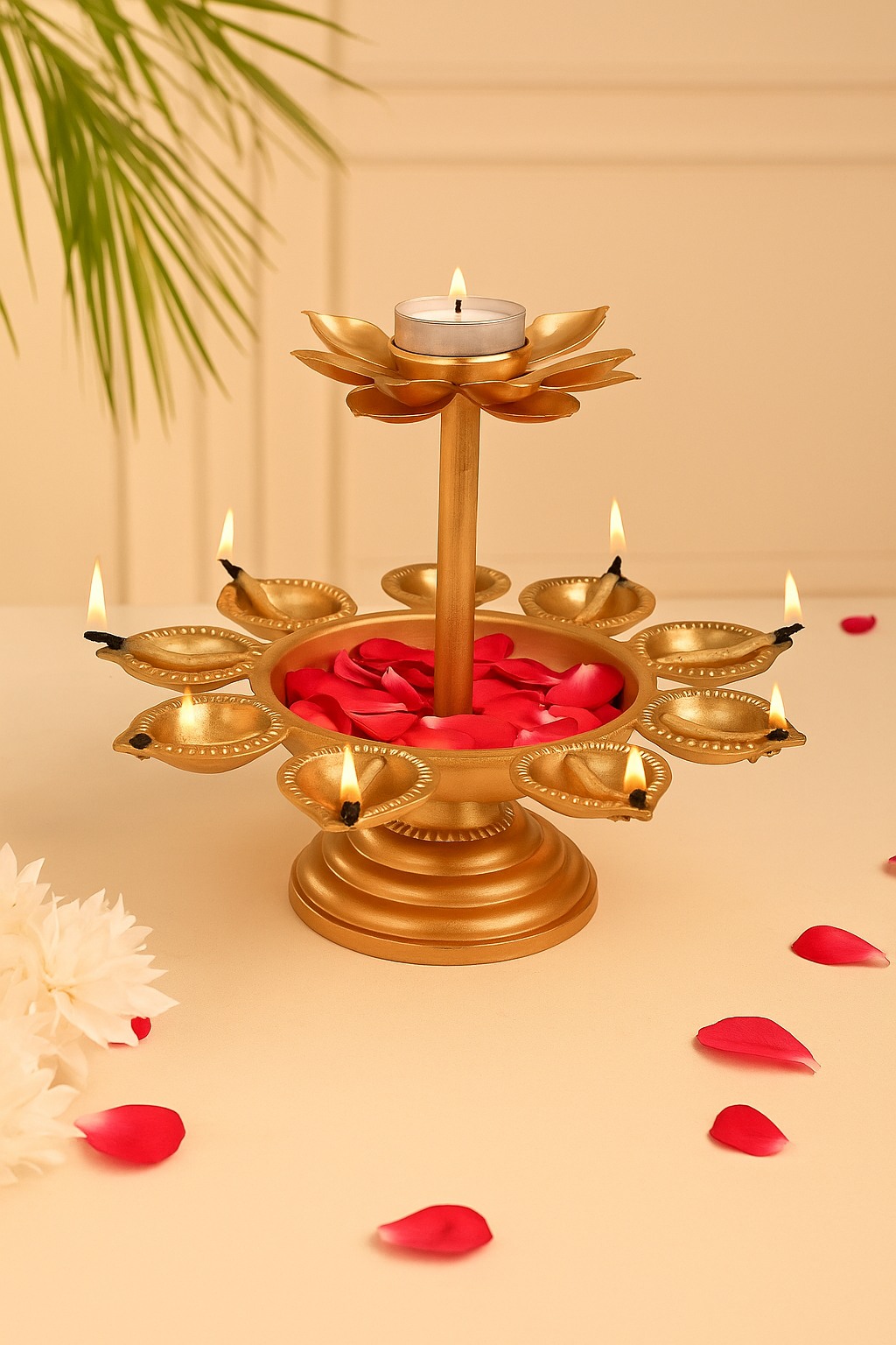Elegant Golden Brass Multi-Tiered Lotus Diya – Traditional Pooja Deepak