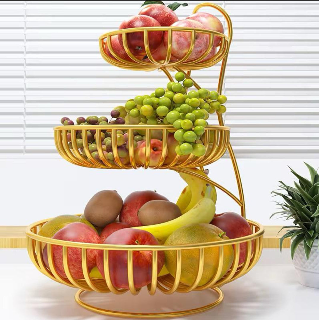 3-Tier Golden Fruit Basket Stand (20cm, 30cm, 35cm) – Height 45cm