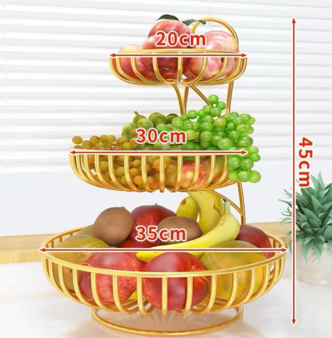 3-Tier Golden Fruit Basket Stand (20cm, 30cm, 35cm) – Height 45cm