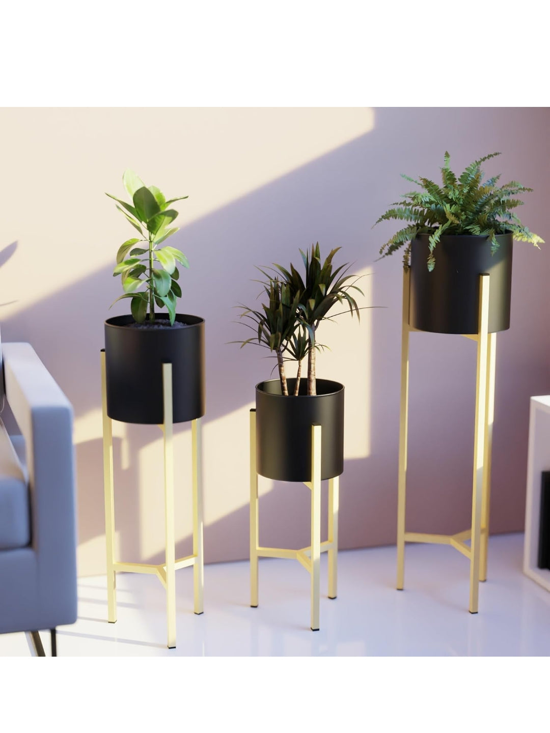 Premium Golden Metal Planter Stand Set of 3 – Modern Indoor & Outdoor Flower Pots
