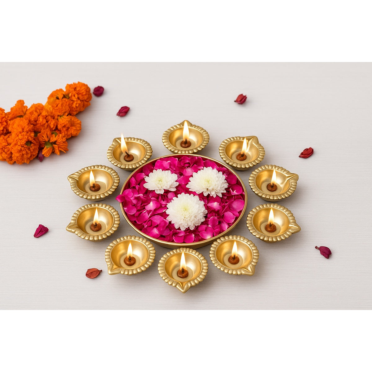 Premium Brass Diya Arrangement with Rose Petals & White Chrysanthemums – Festive Home Decoration