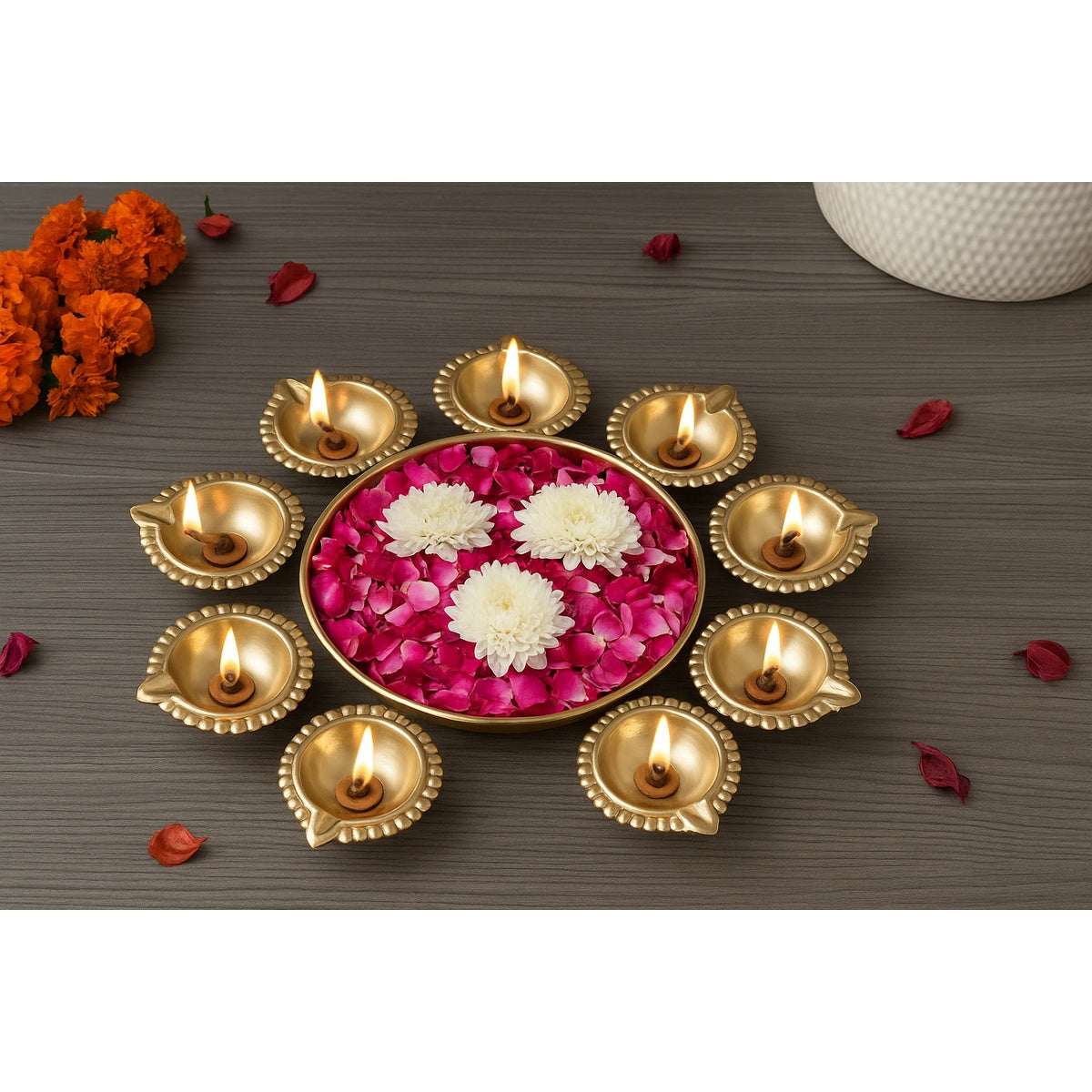 Premium Brass Diya Arrangement with Rose Petals & White Chrysanthemums – Festive Home Decoration